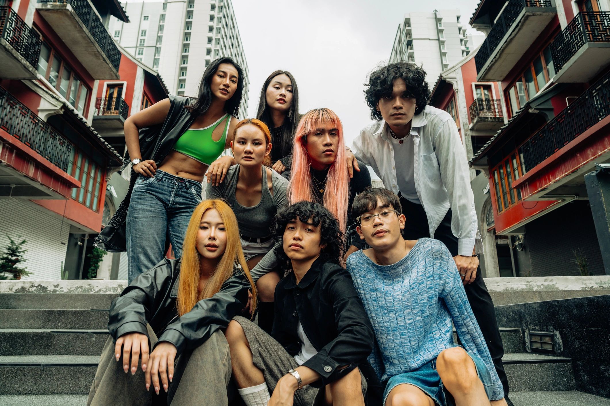 Fashionable university students in an urban setting