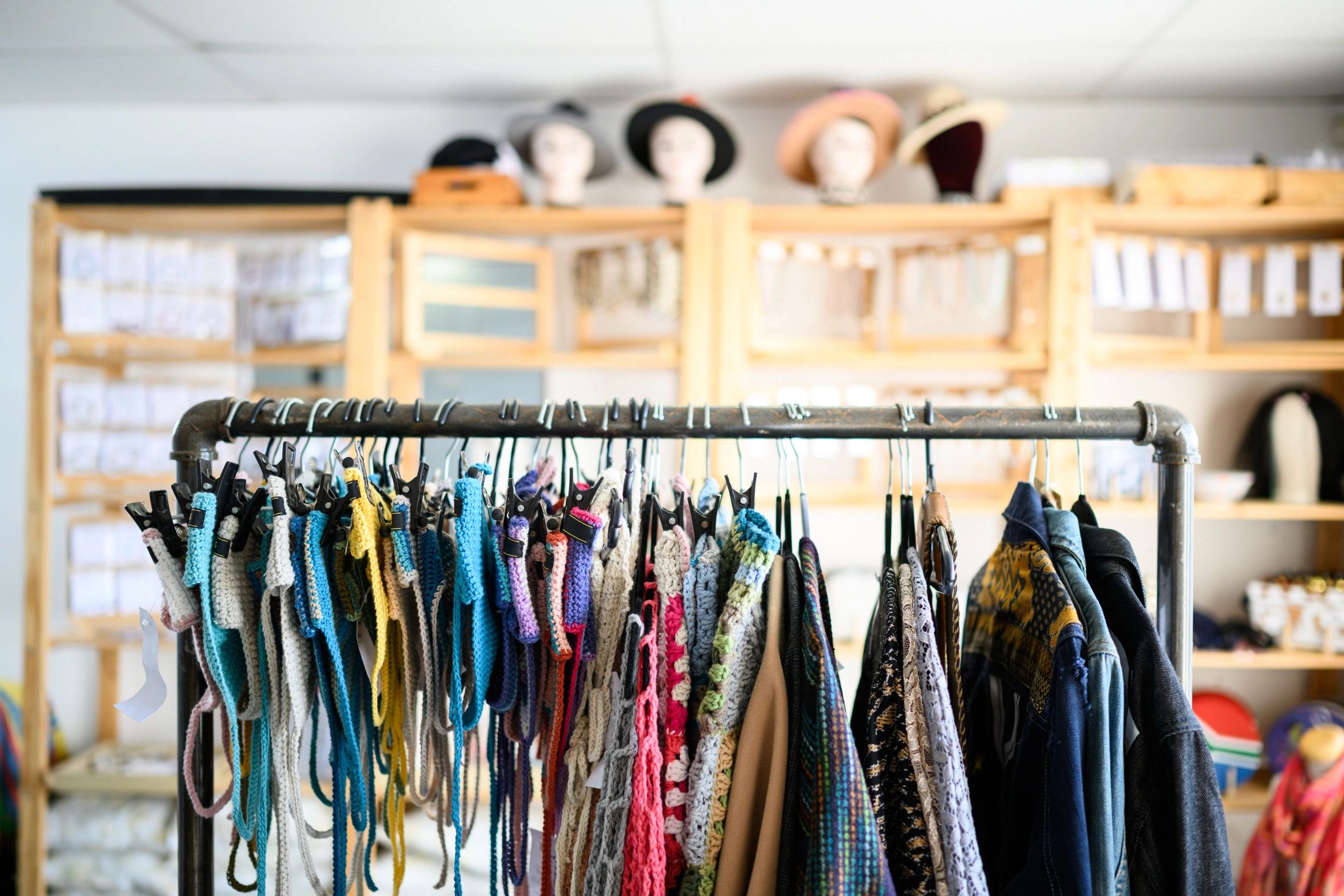 Colorful clothing rack inside a local boutique